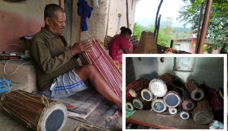 तिहारका लागि मादल बनाउन व्यस्त चित्रे बादी । 